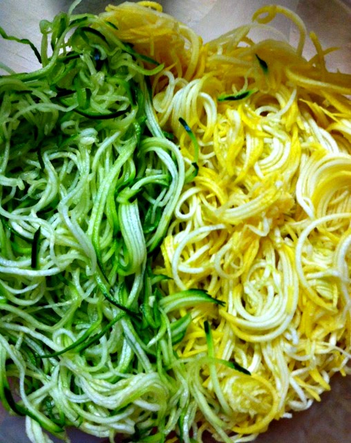 I spiraled both organic raw zucchini AND organic yellow crookneck squash.