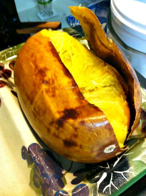 When cooking a spaghetti squash, always cook WHOLE to seal in the flavor.