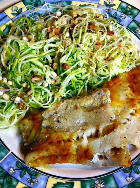 Dinner tonite was wild caught fish and  spiraled raw zucchini with sprouted mung  beans and walnuts.