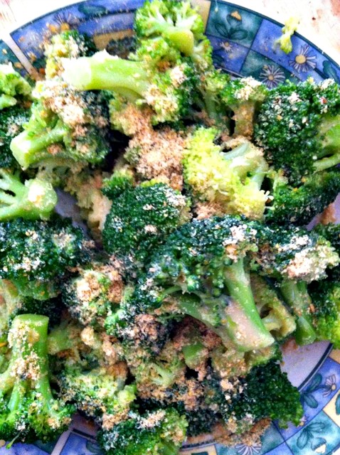 Broccoli with Annie's lite honey mustard, flax meal and sea salt.  Another gluten-free recipe.